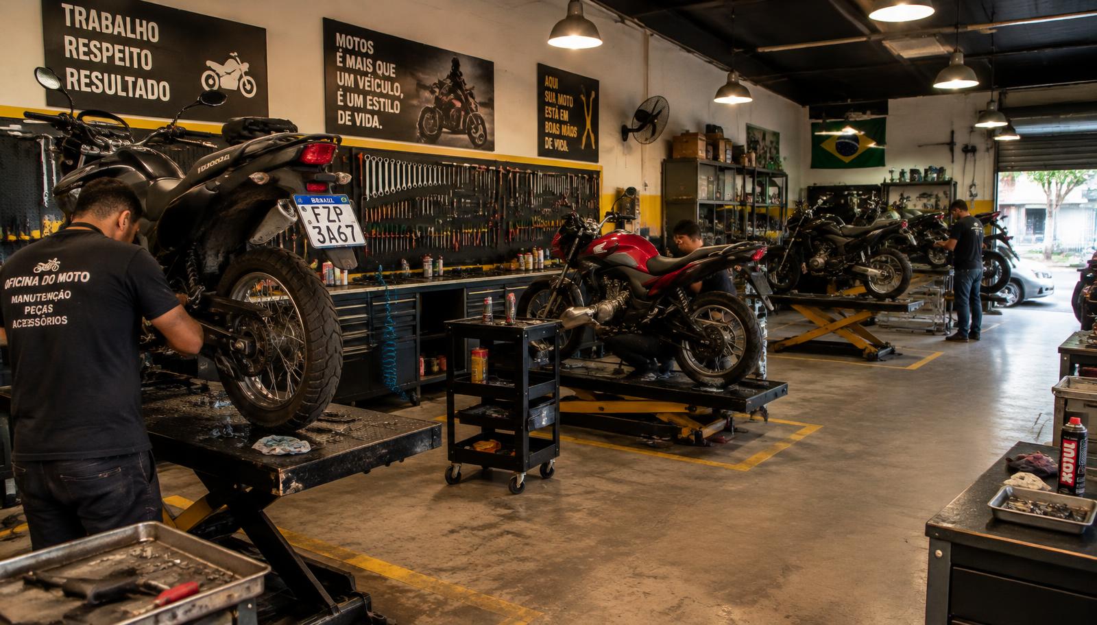 Interior da oficina com motos e ferramentas