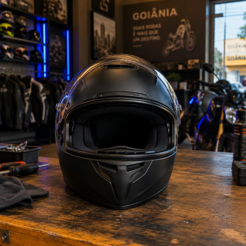 Capacete preto fosco sobre bancada